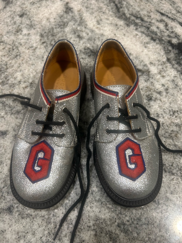Gucci Kids Metallic Silver Varsity G Lace Up Shoes Made In Italy